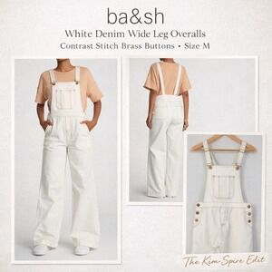 Ba&sh White Denim Wide Leg Overalls Contrast Stitch Brass Buttons Size M